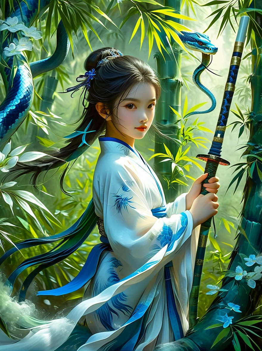 A charming scene is presented in front of you: a little girl wearing a blue and white outfit, holding a long sword, and behind her is a dense bamboo forest. Around her, an elegant green snake spiraled up, as if displaying a mysterious power. This work is full of inspiration from the story of the White Snake in China. Through meticulous painting and realistic details, it makes people feel like they are in an ancient and mysterious world