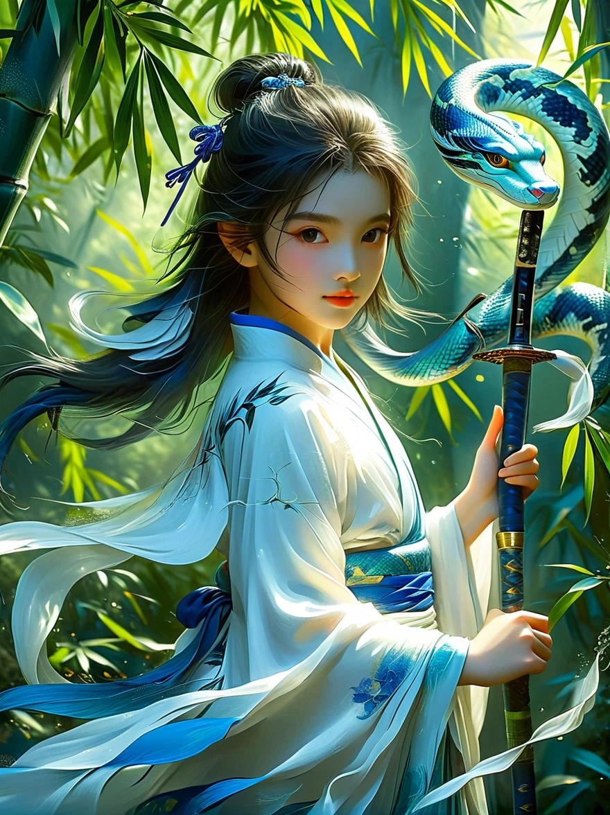 A charming scene is presented in front of you: a  girl wearing a blue and white outfit, holding a long sword, and behind her is a dense bamboo forest. Around her, an elegant green snake spiraled up, as if displaying a mysterious power. This work is full of inspiration from the story of the White Snake in China. Through meticulous painting and realistic details, it makes people feel like they are in an ancient and mysterious world