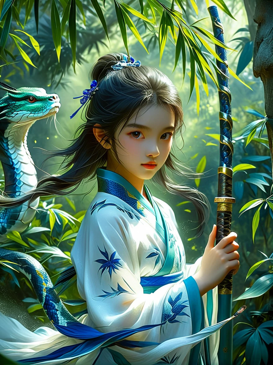 A charming scene is presented in front of you: a  girl wearing a blue and white outfit, holding a long sword, and behind her is a dense bamboo forest. Around her, an elegant green snake spiraled up, as if displaying a mysterious power. This work is full of inspiration from the story of the White Snake in China. Through meticulous painting and realistic details, it makes people feel like they are in an ancient and mysterious world