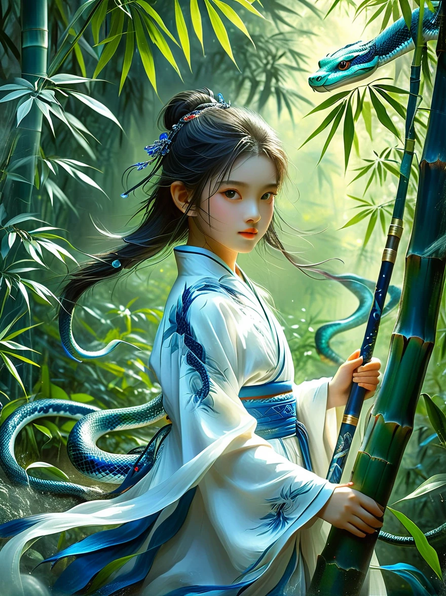 A charming scene is presented in front of you: a little girl wearing a blue and white outfit, holding a long sword, and behind her is a dense bamboo forest. Around her, an elegant green snake spiraled up, as if displaying a mysterious power. This work is full of inspiration from the story of the White Snake in China. Through meticulous painting and realistic details, it makes people feel like they are in an ancient and mysterious world