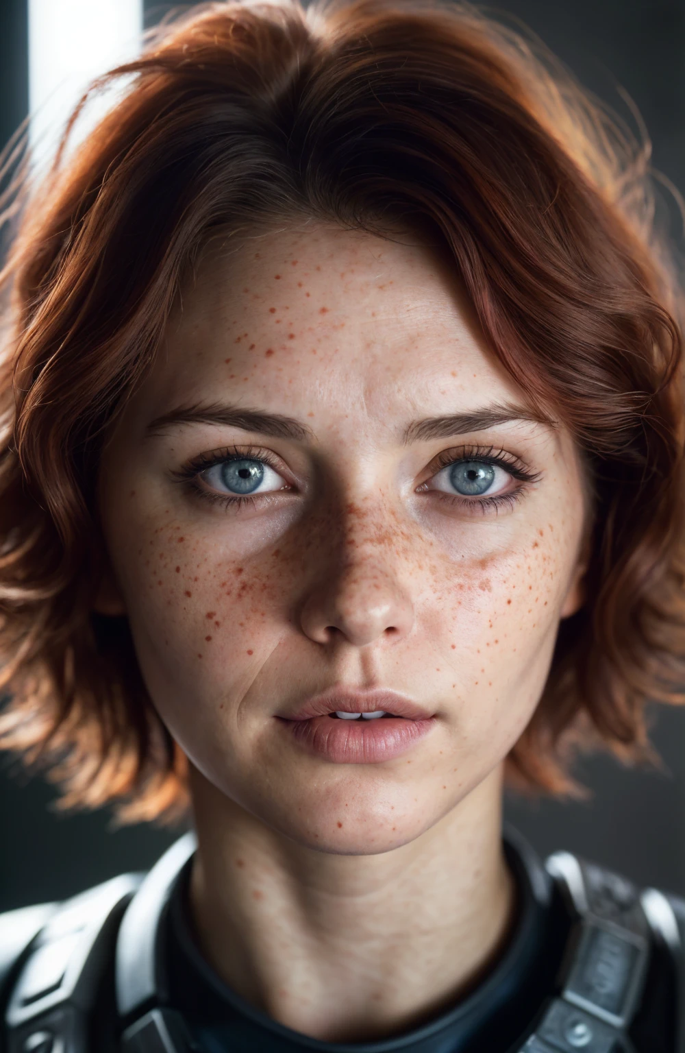 (Close-up, editorial photograph of a 21 year old woman), (highly detailed face:1.4) (smile:0.7) (background inside dark, moody, private study:1.3) POV, by lee jeffries, nikon d850, film stock photograph ,4 kodak portra 400 ,camera f1.6 lens ,rich colors, hyper realistic ,lifelike texture, dramatic lighting , cinestill 800, wavy hair, messy hair, short hair, commander Shepard haircut, Serious smirk, Red hair, Blue Eyes, freckles, White Skin, Halo Suit, Sci Fi, Cyberpunk, Futurism, Mass Effect, Astral Plane, European expressions, European woman, European skin, Athletic body
