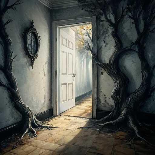 (best quality, super fine, 16k, incredibly absurdres, extremely detailed, 2.5D, delicate and dynamic, three-dimensional effect expressed by light and shade, highres, 8k, masterpiece, immersive atmosphere, film grain)
(a undetailed white door, white door, undetailed door, no details in the center) (Colorful frame around the door, paintings in the wall around, details around, detailed wall, detailed environment, fine detail, optial illusion, complex, hand draw, 3D painting, reality, fantasy art, enhance, intricate, sharp, best quality, masterpiece, Representative work, official art, Professional, 8k, based on the following poem: In the trees I knead the roots and only see my parents—but barely see trees here. In the buildings, I only see the windows and am already in love with what they hide—and I only see Her. In the cars, I only see the shadow and these ghosts haunt me. On the sidewalks, I do not see the viable paths you saw when we were together. And yes, in my house, I no longer see you, I do not dream much. In my hand, I do not see yours and I am already unique. In these fingerprints, I only see the typing touching the world. That I only see another randomly the same first moment—and second, and second, and minute, and I pray, and hour, and delay, night falls, day, and without a sister in the family, I am, week, at my mercy, nothing is mine, month, without a master, semester, without a plan, year, year and a half, without a middle, only an instant... and quickly I descend to the decade. In decadence, I soon reach the decade, and so soon I am already twenty years old...)cute corgis shadow Ghost
Ghost big shadow ghosts ghost