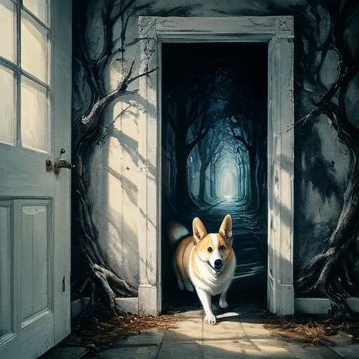 (best quality, super fine, 16k, incredibly absurdres, extremely detailed, 2.5D, delicate and dynamic, three-dimensional effect expressed by light and shade, highres, 8k, masterpiece, immersive atmosphere, film grain)
(a undetailed white door, white door, undetailed door, no details in the center) (Colorful frame around the door, paintings in the wall around, details around, detailed wall, detailed environment, fine detail, optial illusion, complex, hand draw, 3D painting, reality, fantasy art, enhance, intricate, sharp, best quality, masterpiece, Representative work, official art, Professional, 8k, based on the following poem: In the trees I knead the roots and only see my parents—but barely see trees here. In the buildings, I only see the windows and am already in love with what they hide—and I only see Her. In the cars, I only see the shadow and these ghosts haunt me. On the sidewalks, I do not see the viable paths you saw when we were together. And yes, in my house, I no longer see you, I do not dream much. In my hand, I do not see yours and I am already unique. In these fingerprints, I only see the typing touching the world. That I only see another randomly the same first moment—and second, and second, and minute, and I pray, and hour, and delay, night falls, day, and without a sister in the family, I am, week, at my mercy, nothing is mine, month, without a master, semester, without a plan, year, year and a half, without a middle, only an instant... and quickly I descend to the decade. In decadence, I soon reach the decade, and so soon I am already twenty years old...)cute corgis shadow Ghost
Ghost big shadow ghosts ghost