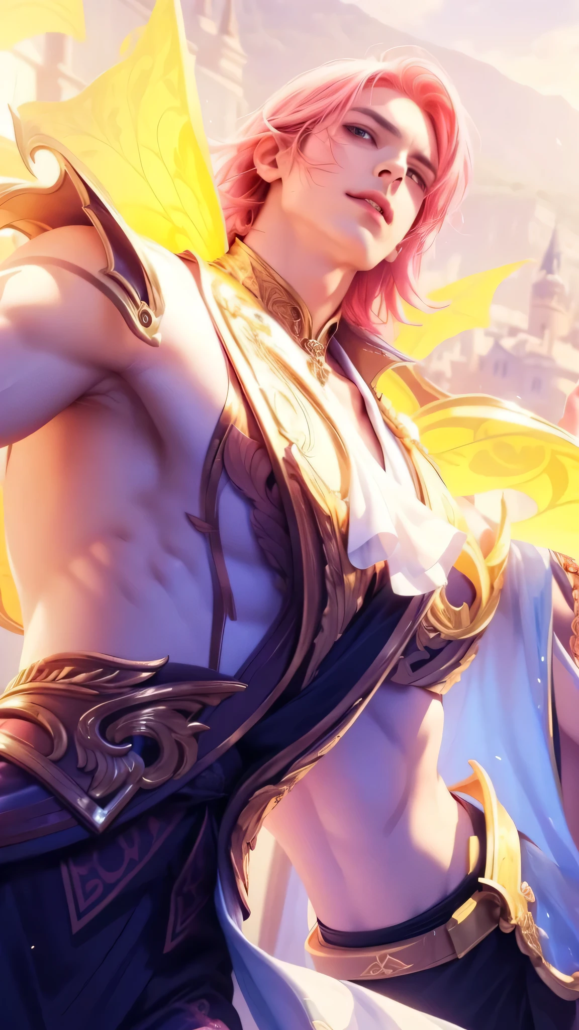 ((Best quality)), ((masterpiece)), (detailed), ((perfect face)), ((halfbody)) perfect proportions ,He is a handsome, 30 years old, short hair, there is a background of a detailed scenery with gnostic vibe ((perfect face)) detailed character, pink hair