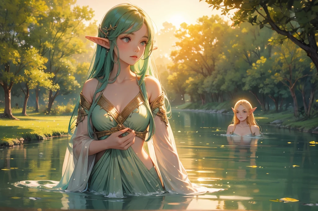 Beautiful elven women bathing and frolicking in a lake surrounded by greenery、sunset、Close-up