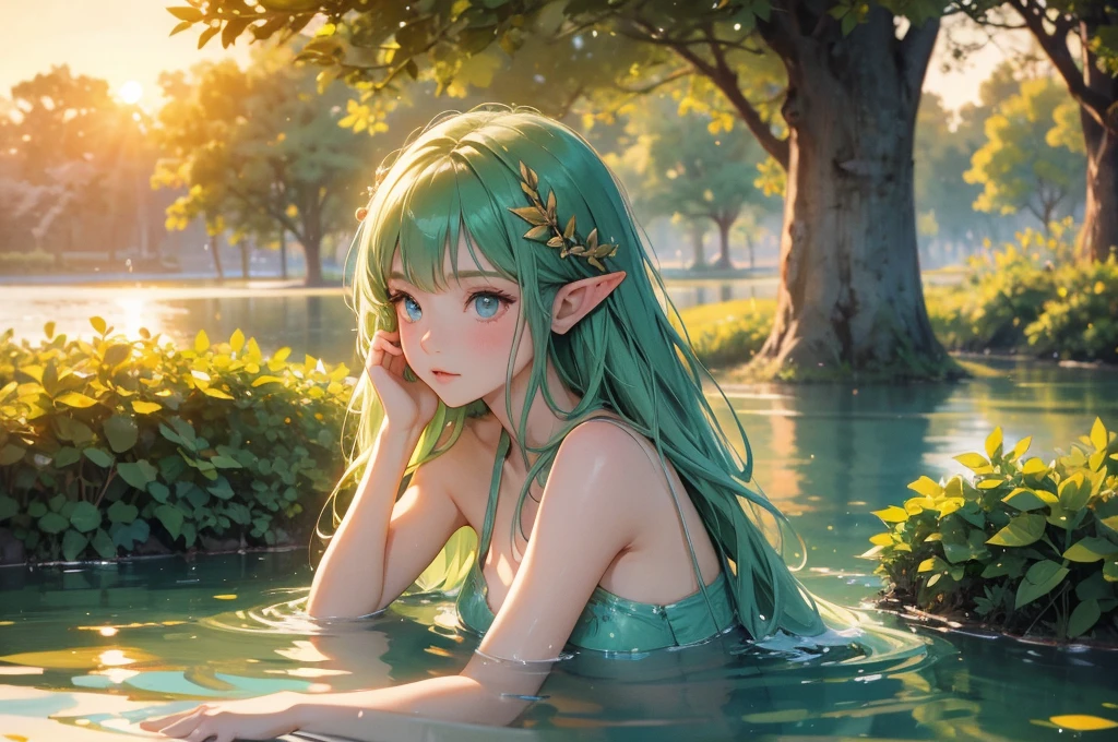 Beautiful elven women bathing and frolicking in a lake surrounded by greenery、sunset、Close-up