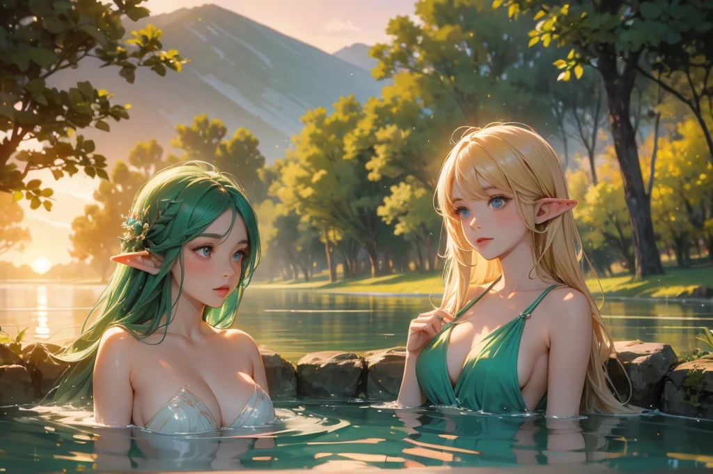 Beautiful elven women bathing and frolicking in a lake surrounded by greenery、sunset、Close-up