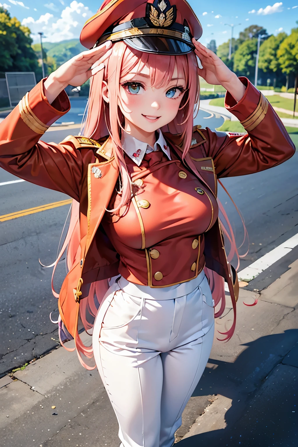 best quality, (masterpiece:1.3), absurdres, highres,16k, ultra high res, official art, illustration,extremely detailed, 1girl, solo, 20yo,
delicate lines tailed face, (long hair1.2), (straight hair1.8), (beautiful (coral pink) hair:1.2), (shiny hair:1.2), (beautiful (gold) eyes:1.2), (shiny eyes:1.2), (small breasts), (gleaming skin:1.4),
forced smile, standing, salute,
(military uniform:1.5), (long pants, military hat),
(blue sky, road)