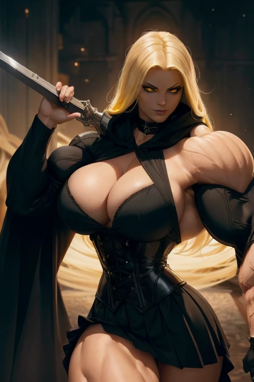 ((Close-up)), tall, (yellow hair) beautiful muscular woman, long flowing hair, light brown skinned, closed smile, big breast, (black lipstick), ((massive muscles)), (hyper muscle), ((ginormous bulky muscles)), glowing gray eyes, ((black hooded coat with a long pleated skirt)), (black corset), (carrying a giant electric sword), choker, thigh high boots, (Dark and moody universe:1.3)