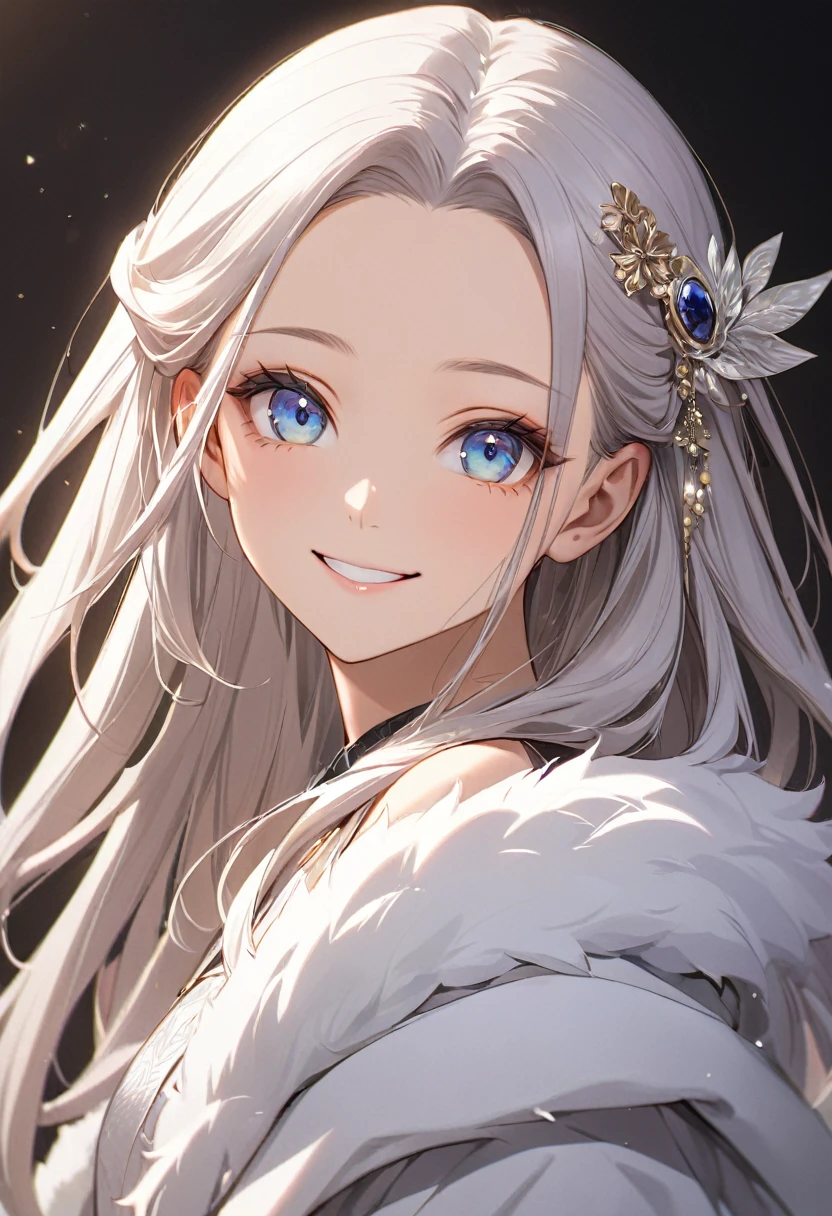( best quality:1.2), 1 Girl only, forehead,Solitary, Skin details, Beautiful facial features, fluffy dark long hair,Exquisite makeup, Exquisite eyes, Eye detail,she is 20 years old,(((big smiling))),Hyakunin Isshu