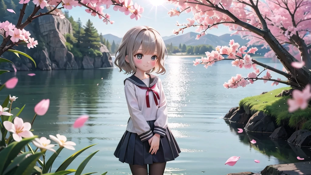 (masterpiece),  Outdoor,  cherry blossoms,  petal,  sunlight,  lake,  One Girl,  blush,  smile,  Medium Hair,  Sailor suit,Long skirt, Overgrown, petal, plant、Skirt lining、White slip、nostalgic、pantyhose（gray）、You can see the sea in the distance, Crotch close-up