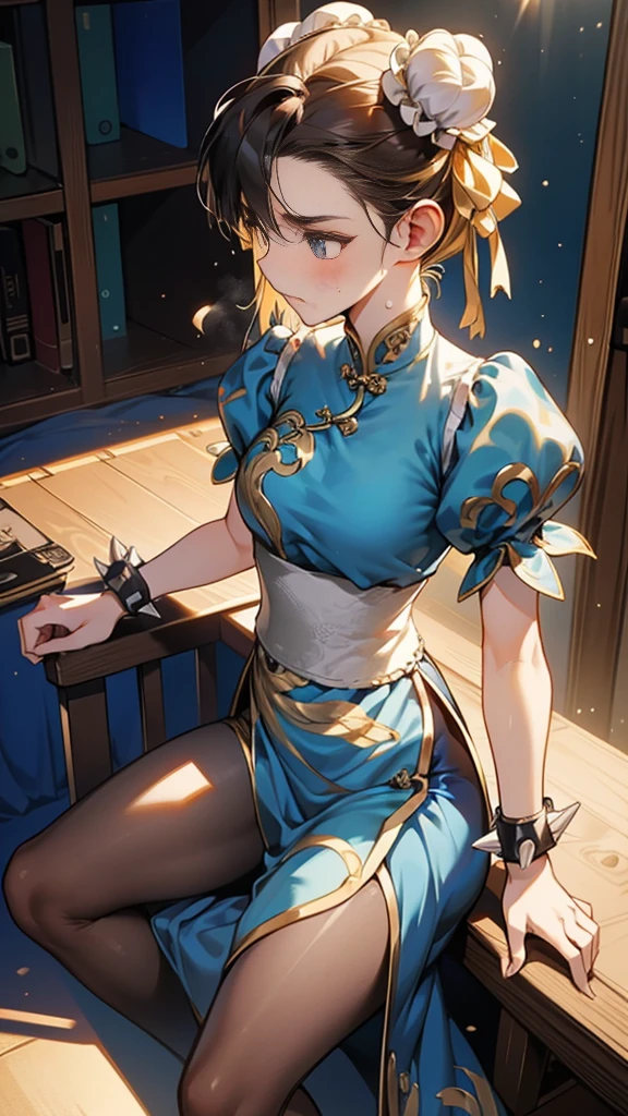 {{masterpiece}}, {{{Highest quality}}},{{Very detailed}},sf2 to,Chunli,Sitting in a chair in an office with a serious expression,profile,from side,Cowboy Shot,Focus on legs{{{Sitting in a chair in an office with a serious expression成熟した女性}}},{{疲労でSweatをかいている成人女性}},Sweat,Hold the arm with one hand ,sit,{{Blushing}},{{V-shaped eyebrows}},{{Blue clothes}}{{Blue clothes}},{{puffy short sleeve}},Brown leggings,Brown tights{{{Blue Chinese dress with gold lines}},{Bunhead}},{{ Brown pantyhose}},{椅子にsit}},{},, ,{{spike bracelet}},{{Tied Hair}},,{{Thin legs}},{{White belt}},,Slender body}}{{ blue pelvis curtain}}, White boots, sash,, ,,blush,Wrinkles ,amount,Grit your teeth,suffering,v-shaped eyebrows.,Sweat dripping,Medium chest ,get annoyed,,Inside the office,Bun Head