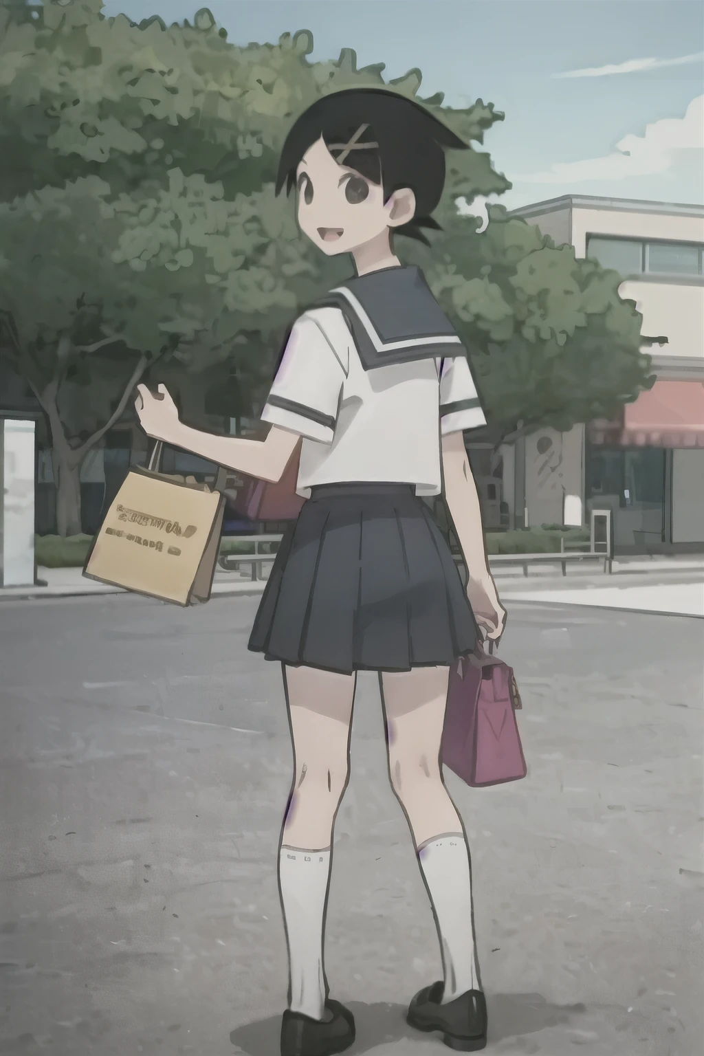 (Highest quality), (masterpiece:1.2), (Super detailed), (Kafka fula), serafuku, mini skirt, White high socks, loafers, Short sleeve, street, shop, bag, Big smile, Looking at the audience, Looking at the audience, back view