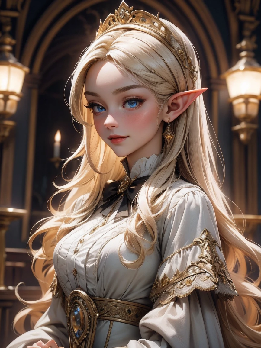 { - Anatomical defects}(Masterpiece - Ultra-detailed, very high resolution) Let yourself be enchanted by a true masterpiece, that combines ultra-detailed art with high-resolution rendering. This work shows a fascinating woman with very long blonde hair (1.3) and charming light blue eyes (1.2), exudes an aura of elegance and mystery in Victorian settings. longer pointed elf ears, The intricate details and realistic textures invite you, to explore every aspect of this enchanting composition. Woman wearing beautiful classic Victorian costume from 1878. Red lips. happy face. smiling. Rot (Gold) gown. Outside the castle, backward, look back, upper body. dynamic poses. Get ready, to immerse yourself in a world, where beauty and craftsmanship blend perfectly.