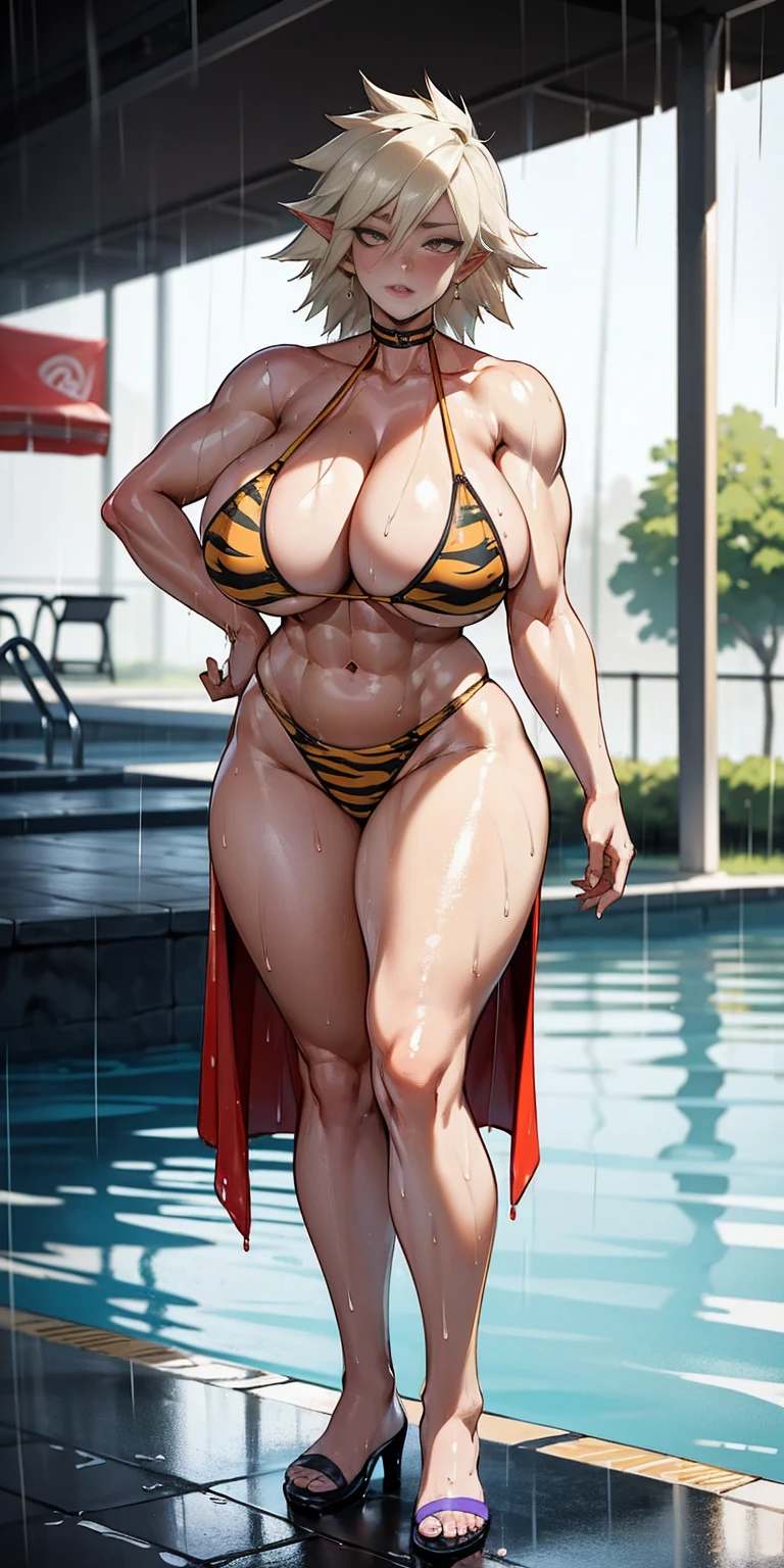 Full body, masterpiece, 1solofemale drow elf purple skin standing pose (yellow tiger bikini) red cape, red bikini, long white hair, strong body, abs, Ultra Quality, shiny skin, Atmospheric, 8K, Cinematic ((Street background)) BREAK, sunglasses (wet rainy, wet by rain, wet body :1.2) ultra-detailed face, detailed lips, detailed eyes, double eyelid, sensual low-necked dress, open neckline, hanging breasts, side pose, visible curves, pool, poolside, red transparent robe, sunglasses, muscular turned leg