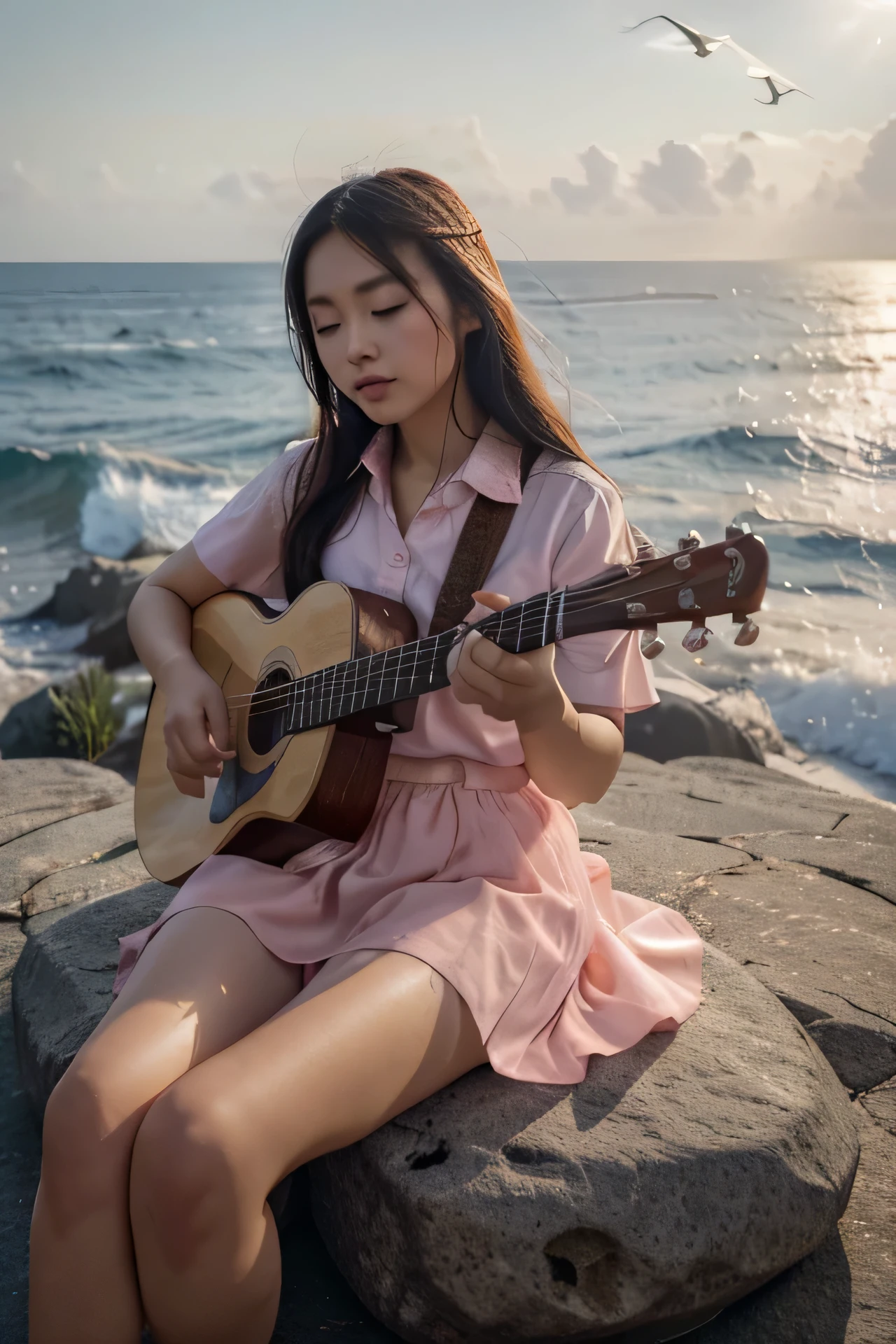 A beautiful Chinese woman dressed in pink shirt and long white skirt, playing a guitar on a rock by a ocean, where seagulls are flying. The scene is illuminated by the soft, golden sunlight, creating a serene and enchanting atmosphere. Image size is 3000X3000 [1:], High quality mode.
Waiting to start 