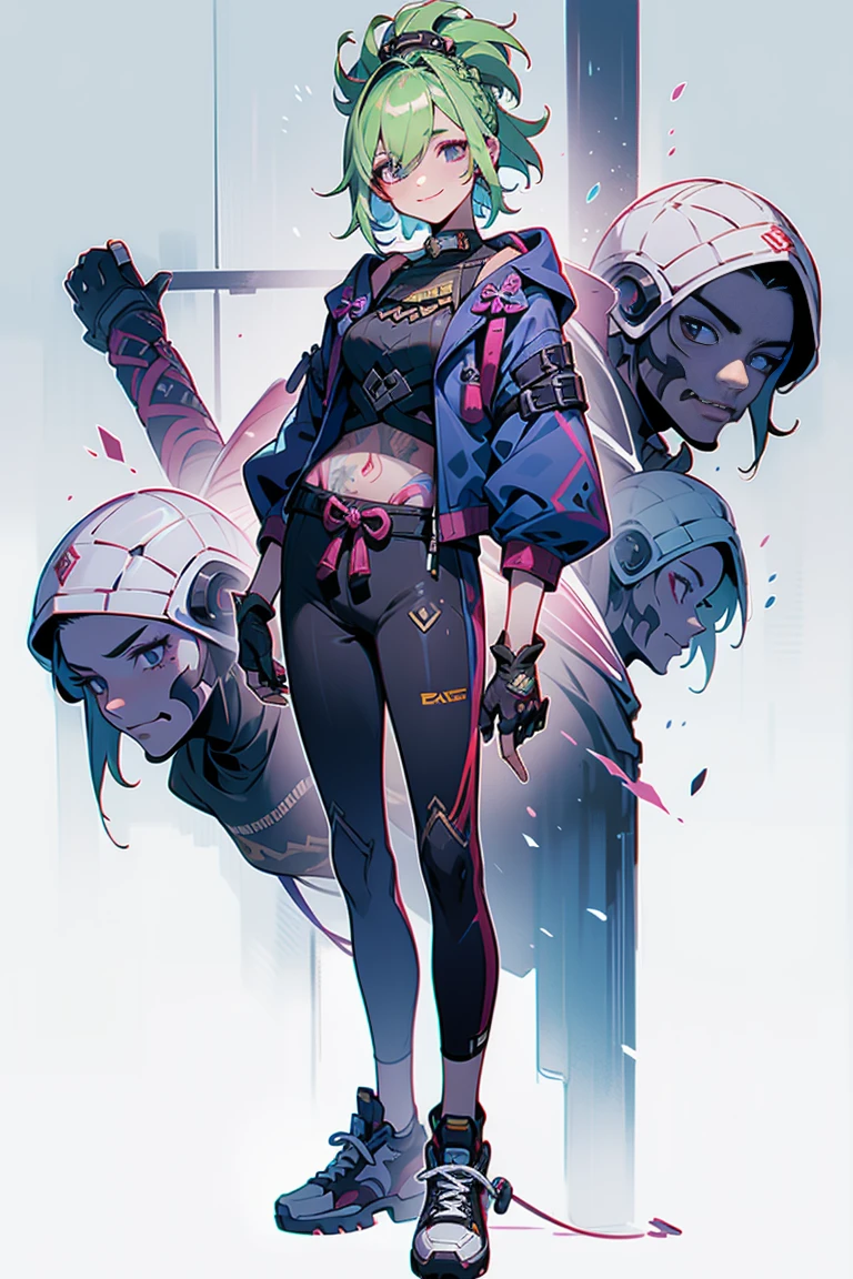 doom \(League of Legends\), 1girl is huge,Pixar style, Smilingly，Solitary, Weaving, Double braid, (blue long hair), Surprised eyes,Tattoo is, (Keep your eyes open:0.9),Look at the audience, Arm tattoo, Moderate, Watching_Shown in_Peeping at the audience, short_hair, Gloves, Umbilical cord, fail, blue_With eyes, eternal, full_Body, arms, Footwear, collar, Black_Gloves, Diaphragm, Hooded, hair_Exceed_Yin_With eyes, _top, hoodie, Black_Pants, sports shoes, 剪裁fail_jacket, ED_Shown in_pocket, Cyberpunk Characters, Cropping_hoodie