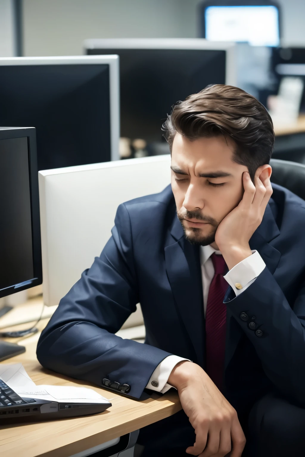 A man in a suit is tired and sleeping in front of a computer