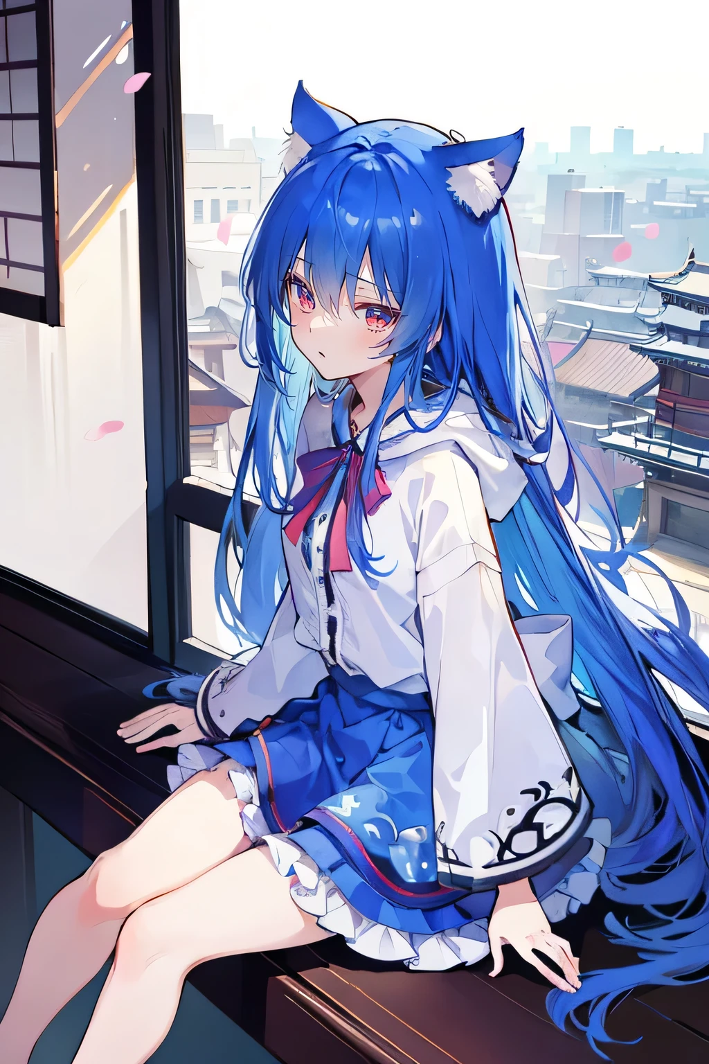 (masterpiece:1.2),Super detailed,lifelike,Expressive eyes,fair skin,perfect face shape,1 girl,
Japanese comics,Gorgeous blue hair,flowing blue hair,flowing clothes,Cat ears,Petals fall,beautiful lola,Baby Angel,The pavilion is cool and comfortable,smile, wearing hoodie, background of tokyo,back views,snowing,sitting on window sill drinking coffee and looking out the window.