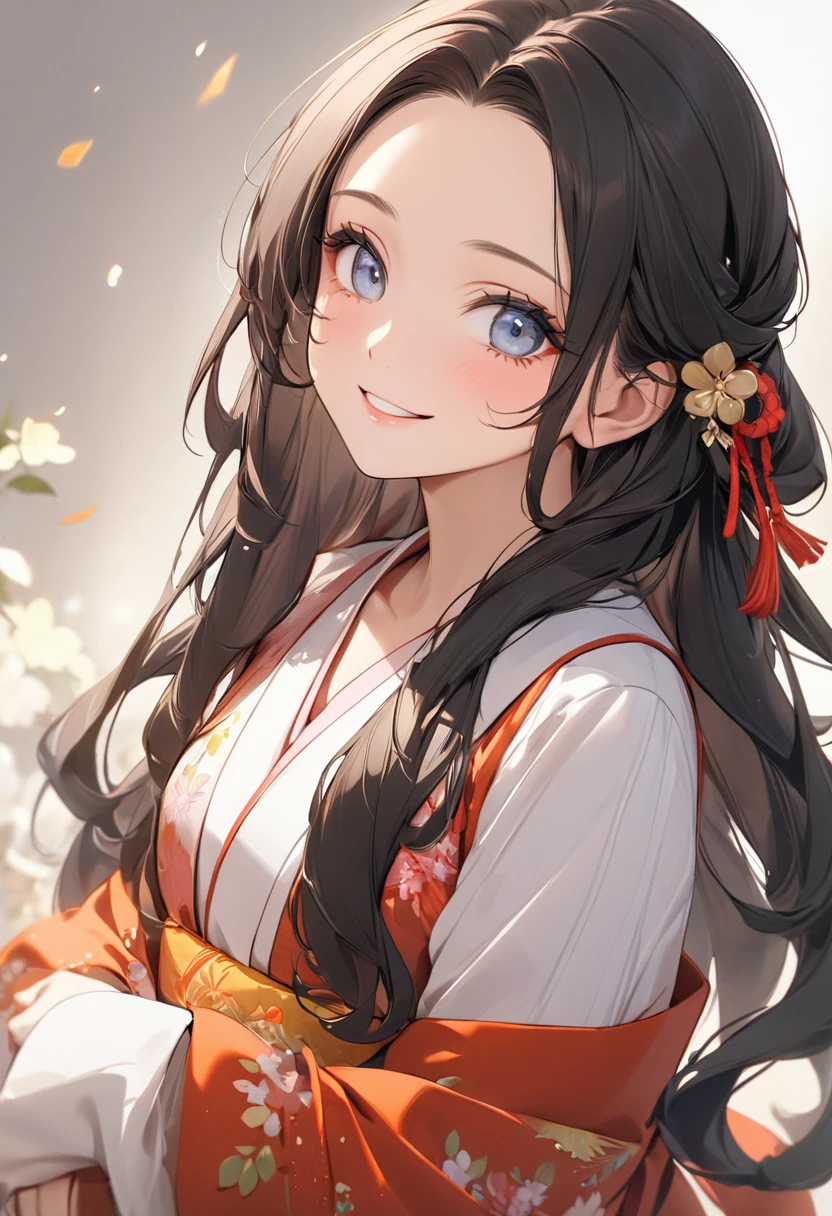 ( best quality:1.2), 1 Girl only, forehead,Solitary, Skin details, Beautiful facial features, fluffy dark long hair,Exquisite makeup, Exquisite eyes, Eye detail,she is 20 years old,(((big smiling))),Karuta