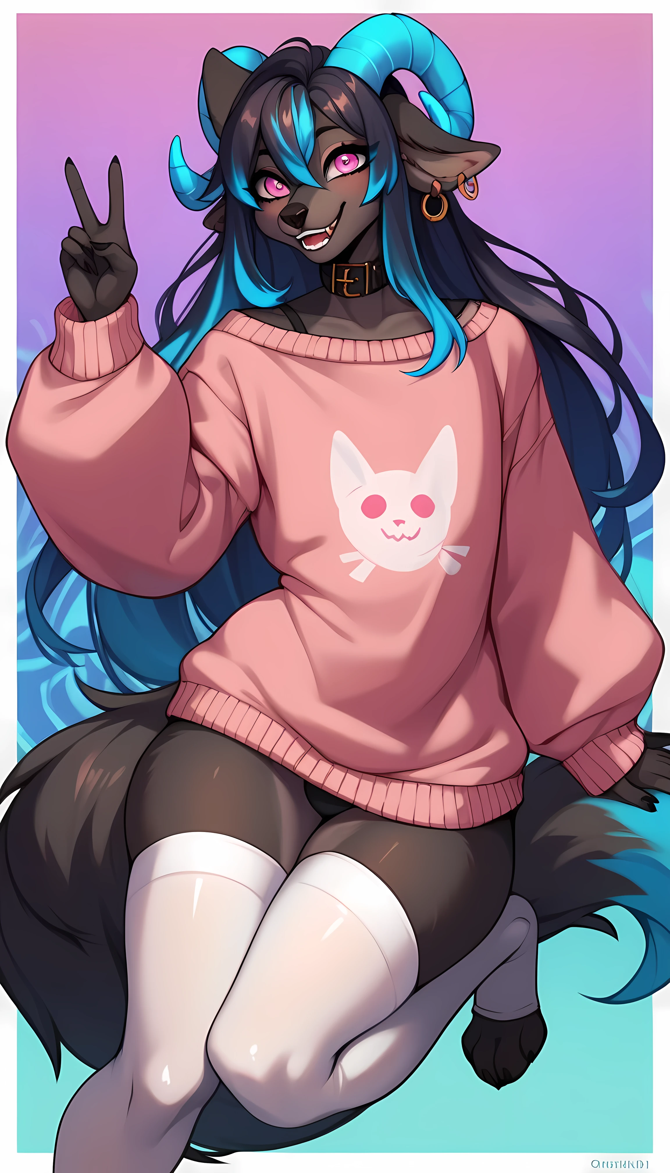 score_9,score_8_up,score_7_up, source_cartoon, an Anthro furry wolf girl, black furry body, black ear tips, long black hair with blue tips on hair, blue highlights in hair, pink eyes, wearing black underwear, black collar, black furry body, (long hair), feminine, white thigh highs, (curved horns), black fur, dark grey furry body, peace sign, good anatomy, ((two-tone-body)), fluffy tail, 2 tails, one foot up and in view, exposed toes, 4 toes, surreal psychedelic background, wearing oversized sweater, smiling