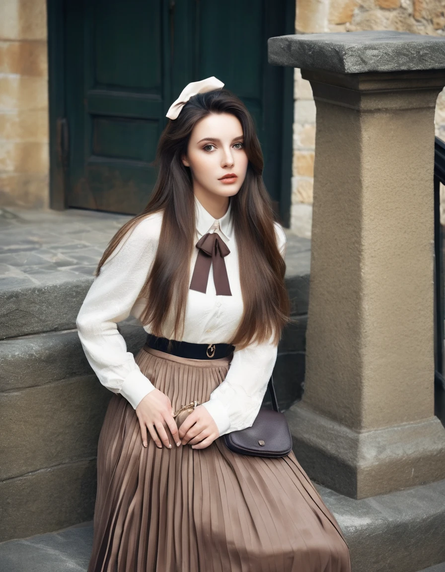 beautifull woman with long brown hair, big breast, wearing Special clothes60, bow, pleated bow skirt, and bow top, carring elegant purse,8k, RAW Photos, Highest quality, masterpiece:1.2,Film Grain:1.1), detailed textures, high definition, , dynamic pose, halfway up the wide staircase leading to the castle, Look down,far away shot,wide angle taken
