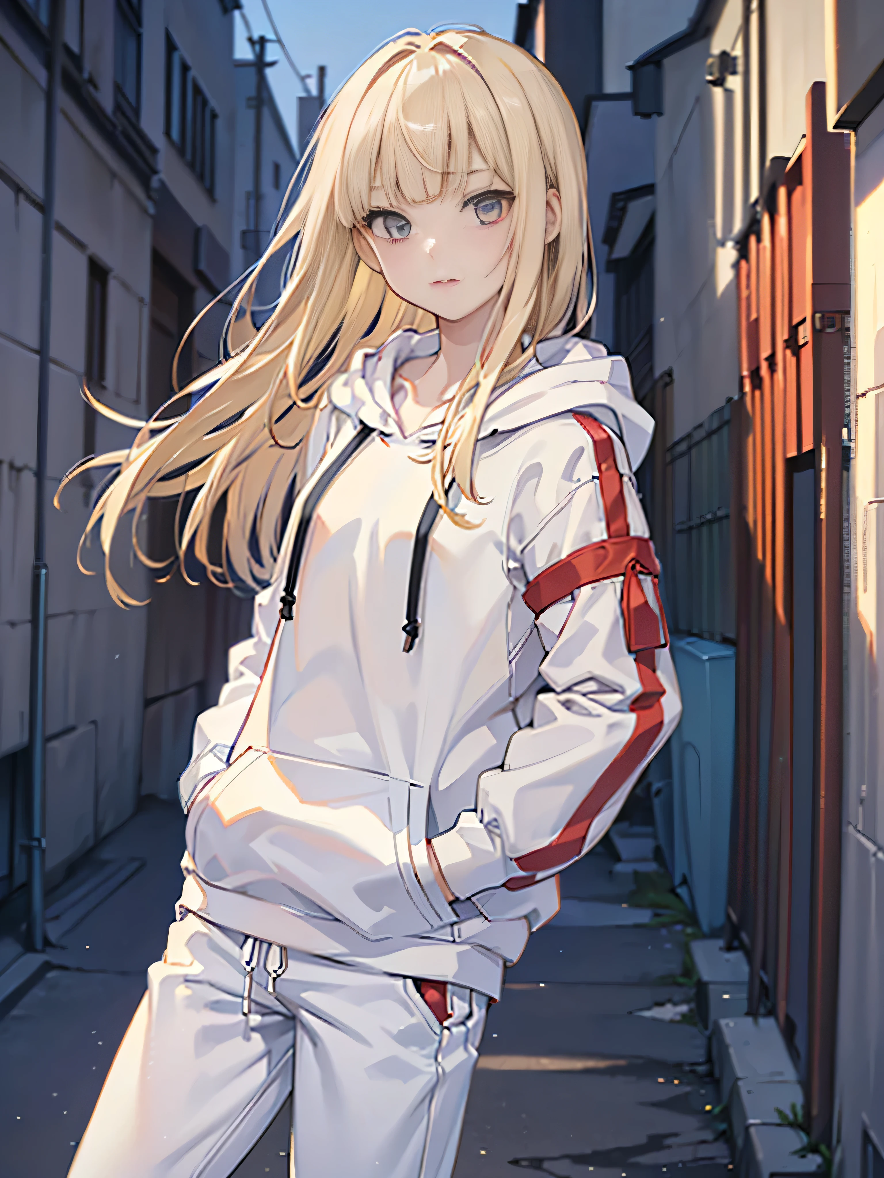 RAW Photos, 8k, (Highest quality), Realistic, (live-action, Intricate details), (Natural skin texture, Detailed skin, Hyperrealism, Sharpness), (Japanese teen girl in a dirty back alley at night, Put your hands in your pockets, graffitied wall:1.3), ((White hoodie, No sleeve, White jersey pants)), (Flat Chest:1.3, Pale skin:1.2, Slender body), ((Blonde Straight Hair, Blunt bangs)), (Fascinating face, Provocative look, Lips parted:1.3, Sagging under the eyes:1.2, Red thick lips), graffiti:1.5, at night, Upper Body Shot、In a completely different expression。