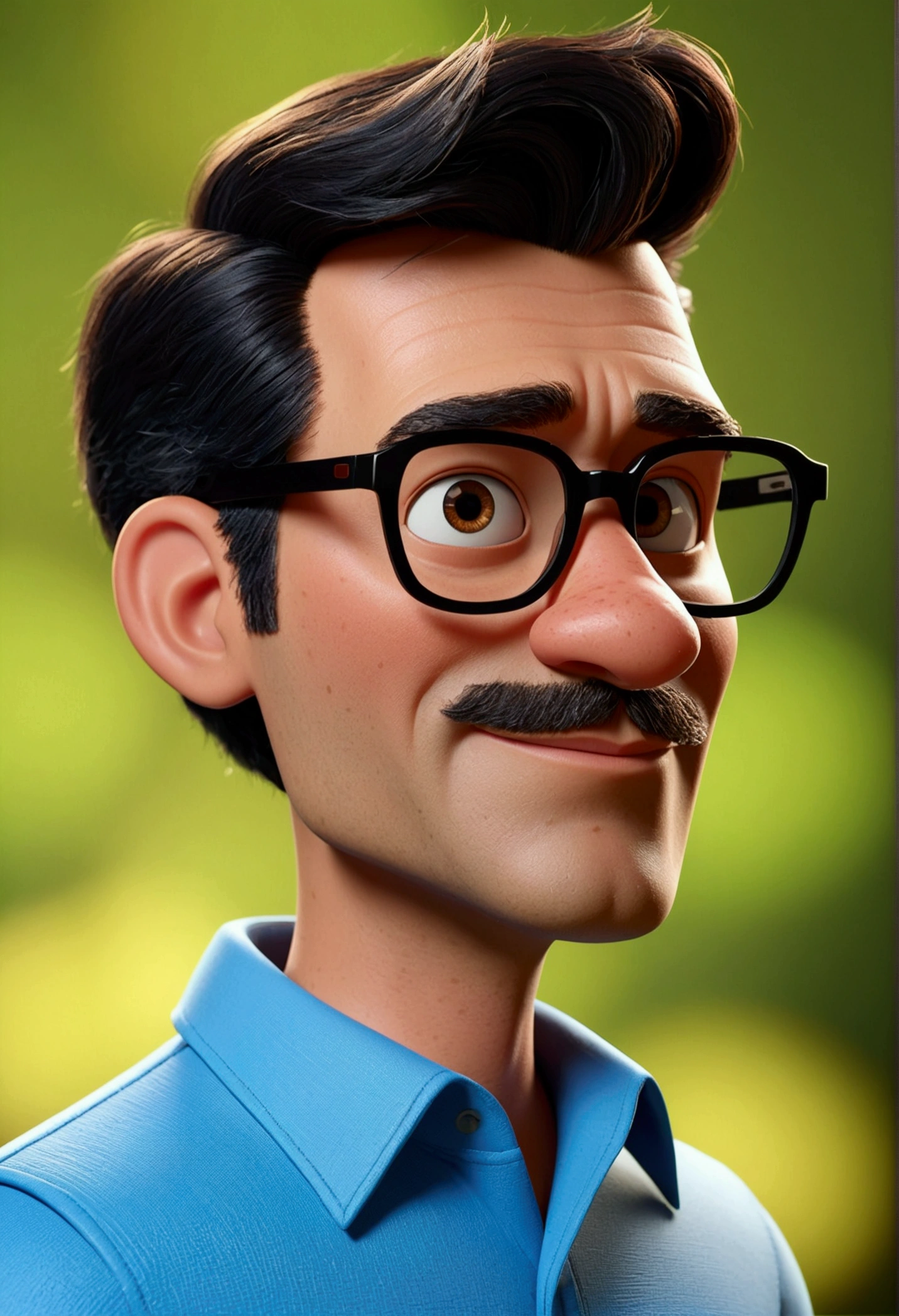 Cartoon character of a man in black glasses and blue shirt, an animated character, stylized character, animation style rendering, 3d stylized, Arnold Maya rendering, Stylized 3D rendering, toon render screenshot, 3d character, 3d character, Stylized 3D rendering, 3D character rendering, cartoon character, Personagem de close up, character posing, (Pixar-style) (master part:1.2) (bokeh) (best qualityer) (skin detailed) (detailed texture) (8k) (Argilla) (cinematic lighting) (sharp focus，Sit down and lift your upper body