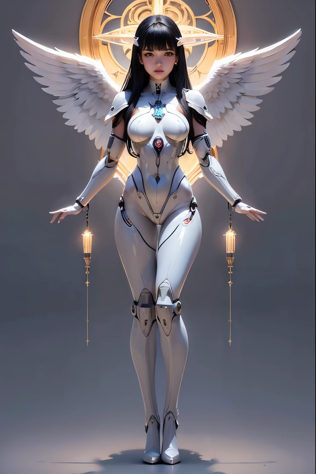 ((Highest quality、8k、masterpiece:1.3))，((Angels of the Cybernetic World、Prayer Pose、nude))、Image color is white、((Mechanical Wings))、Japan Maiden，((Full body portrait)),Best image quality，Ultra Clear，The facial features are delicate and well defined，Exquisite detail，Slim body、Small breasts、Small Ass、Upright pose、Black Hair、Bob Style、Cropped bangs、Anatomical、Facial muscles、elegant、Beautiful background、Octane Rendering,Cathedral、Full body picture of a sexy angel woman standing with her arms down,Front view