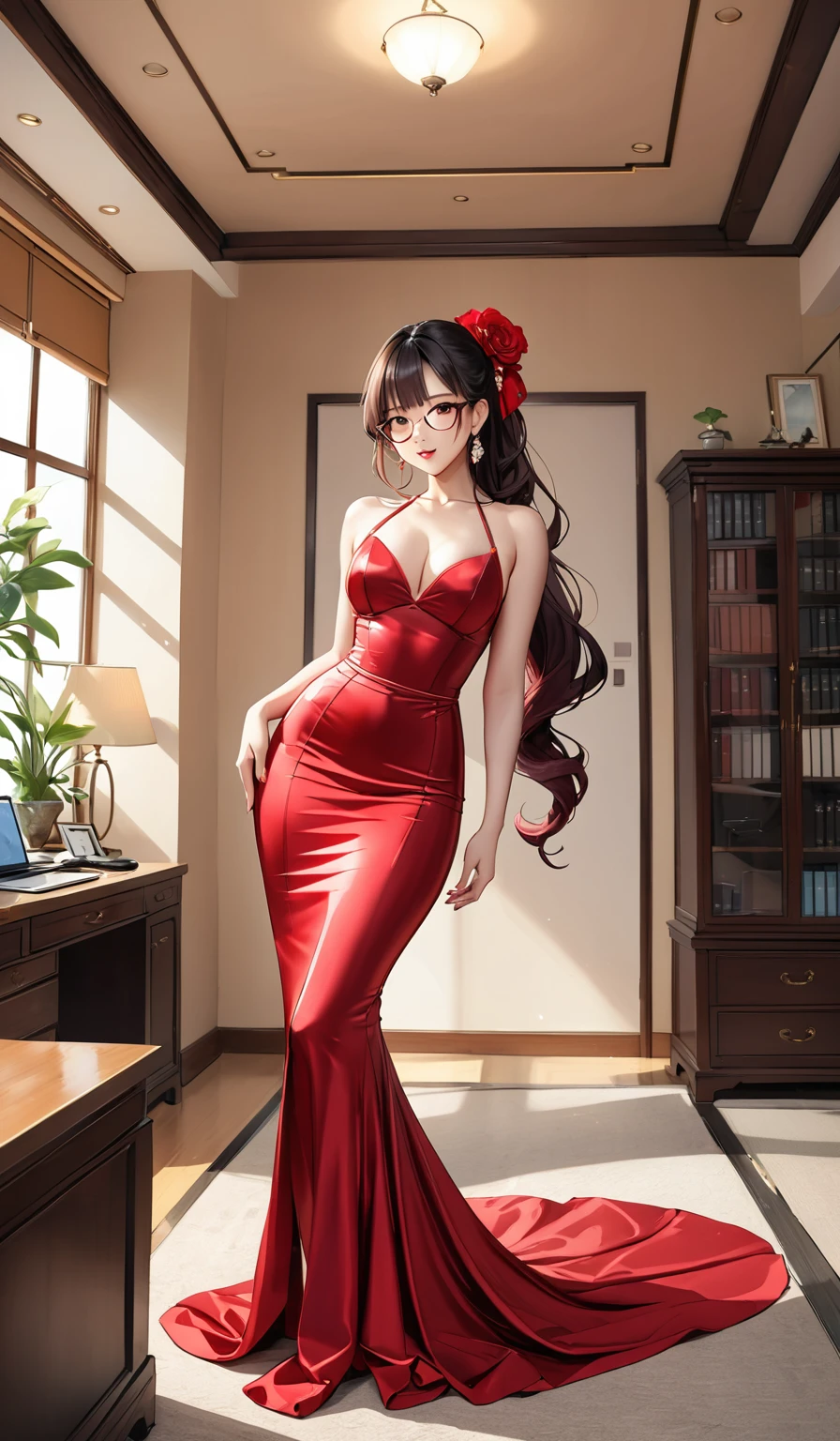 (masterpiece,highest quality,超A high resolution),japanaese girl with pony tail hair (((Very beautiful 35 year old girl))), pretty woman, a woman in the mermaid long train silk red skirt,the skirt is very long, full body, wear bolero, wear sexy blouse, wear glasses,long satin, red satin mermaid tight long gown, flowy dramatic long gown, tall women, random pose, work in office, wear high heels, masterpice (Shiny red long train dress mermaid-style long skirt