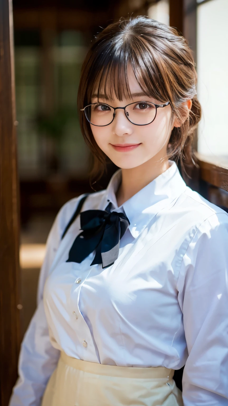 (Highest quality,masterpiece:1.3,Ultra-high resolution),(Very detailed,Caustics,8k),(Realistic:1.4,RAW shooting),A girl dressed as a butler,Japanese,boyish,smile,20-year-old,Short black hair,Glasses,Looking into the camera,Inside the Western-style building,Waist up shot,front,Face Focus,Face close-up,(Warm Light),Professional Writing