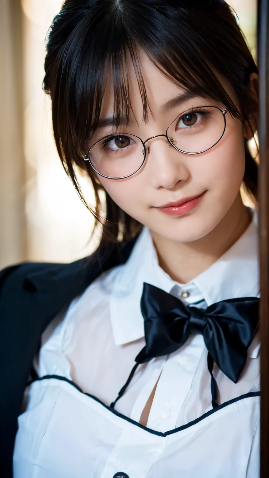 (Highest quality,masterpiece:1.3,Ultra-high resolution),(Very detailed,Caustics,8k),(Realistic:1.4,RAW shooting),A girl dressed as a butler,Japanese,boyish,smile,20-year-old,Short black hair,Glasses,Looking into the camera,Inside the Western-style building,Waist up shot,front,Face Focus,Face close-up,(Warm Light),Professional Writing
