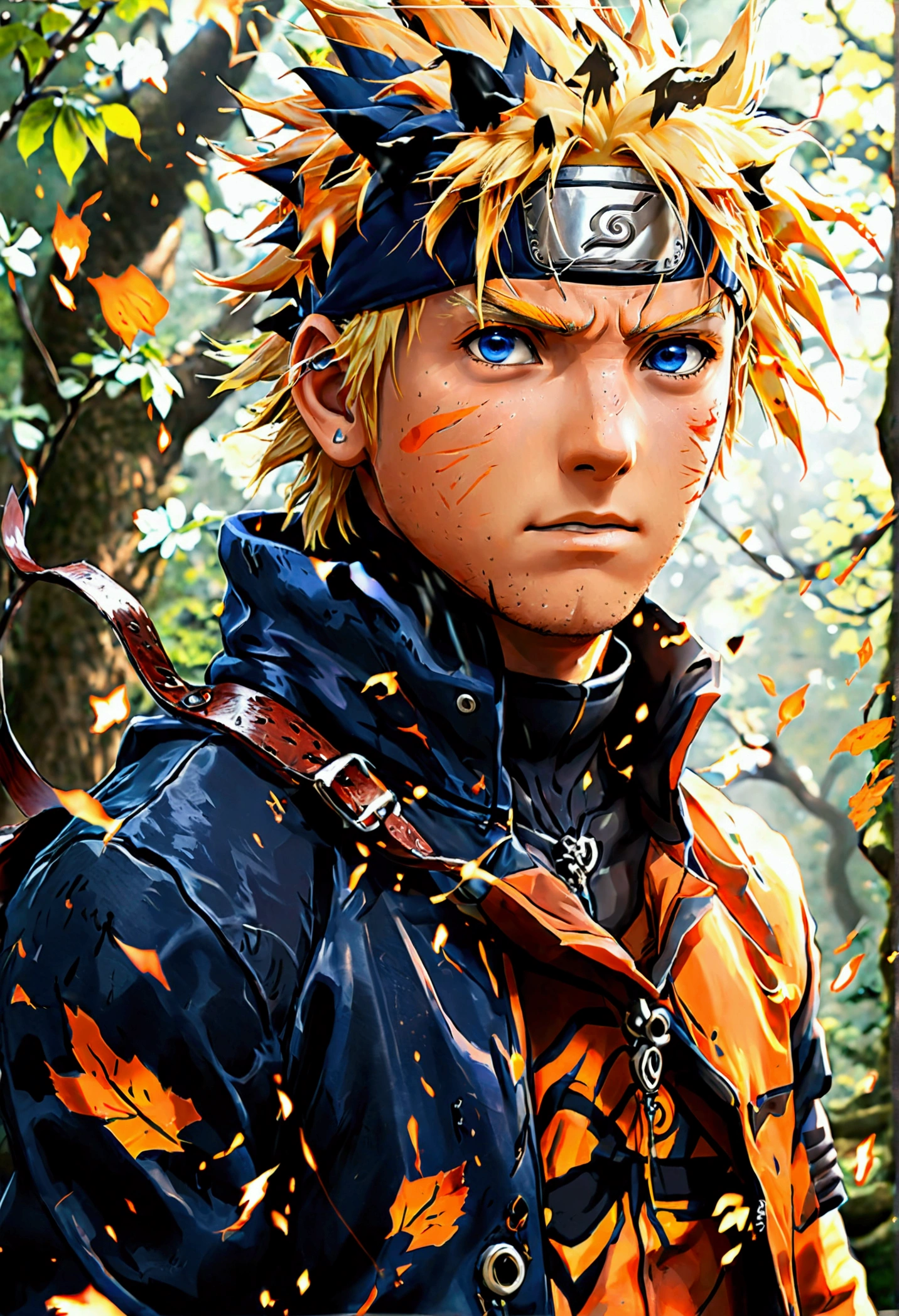 clearing! Here's a prompt focused on Naruto's physical characteristics:
"Describe Naruto Uzumaki, the legendary ninja of Vila da Folha. He has spiky blonde hair and bright blue eyes that reflect his determination and indomitable spirit.. His face is marked by the lightning-shaped scar that runs across his right cheek., a reminder of your battles and the difficult path you have taken. Naruto has a confident and athletic stance, with well-defined muscles that reveal your physical strength, honed through years of rigorous training and intense combat. His signature attire includes a vibrant orange coat over a form-fitting black outfit., Standing out among your teammates and enemies. Your presence radiates energy and determination, symbolizing his role as a symbol of hope and courage for all ninjas in the village."