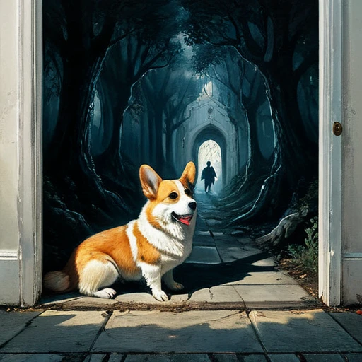 (best quality, super fine, 16k, incredibly absurdres, extremely detailed, 2.5D, delicate and dynamic, three-dimensional effect expressed by light and shade, highres, 8k, masterpiece, immersive atmosphere, film grain)
(a undetailed white door, white door, undetailed door, no details in the center) (Colorful frame around the door, paintings in the wall around, details around, detailed wall, detailed environment, fine detail, optial illusion, complex, hand draw, 3D painting, reality, fantasy art, enhance, intricate, sharp, best quality, masterpiece, Representative work, official art, Professional, 8k, based on the following poem: In the trees I knead the roots and only see my parents—but barely see trees here. In the buildings, I only see the windows and am already in love with what they hide—and I only see Her. In the cars, I only see the shadow and these ghosts haunt me. On the sidewalks, I do not see the viable paths you saw when we were together. And yes, in my house, I no longer see you, I do not dream much. In my hand, I do not see yours and I am already unique. In these fingerprints, I only see the typing touching the world. That I only see another randomly the same first moment—and second, and second, and minute, and I pray, and hour, and delay, night falls, day, and without a sister in the family, I am, week, at my mercy, nothing is mine, month, without a master, semester, without a plan, year, year and a half, without a middle, only an instant... and quickly I descend to the decade. In decadence, I soon reach the decade, and so soon I am already twenty years old...)cute corgis shadow Ghost
Ghost big shadow ghosts ghost