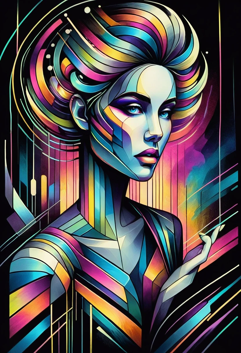 In a mesmerizing oil painting, a mysterious figure emerges from a haze of swirling colors. Their retro attire shines with metallic accents, while vibrant neon lights illuminate their expressionless face. The composition exudes nostalgia and intrigue, leaving viewers longing for a forgotten era. the gardens of sound made out of ral-hlgrphic,( hyperrealistic art breathtaking a lineart (vibrant alcohol ink sketch). [magnificent faetastic , , intriguing weirdness, color schemes extravaganza, mystery of darkness, unusual natural aesthetics, glossy]., cleavage, sexy, thigh