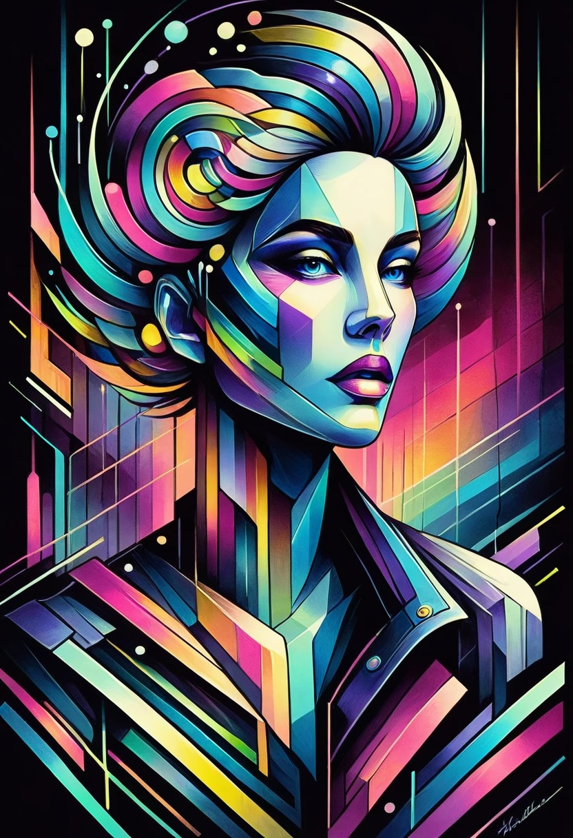 In a mesmerizing oil painting, a mysterious figure emerges from a haze of swirling colors. Their retro attire shines with metallic accents, while vibrant neon lights illuminate their expressionless face. The composition exudes nostalgia and intrigue, leaving viewers longing for a forgotten era. the gardens of sound made out of ral-hlgrphic,( hyperrealistic art breathtaking a lineart (vibrant alcohol ink sketch). [magnificent faetastic , , intriguing weirdness, color schemes extravaganza, mystery of darkness, unusual natural aesthetics, glossy]., cleavage, sexy, thigh