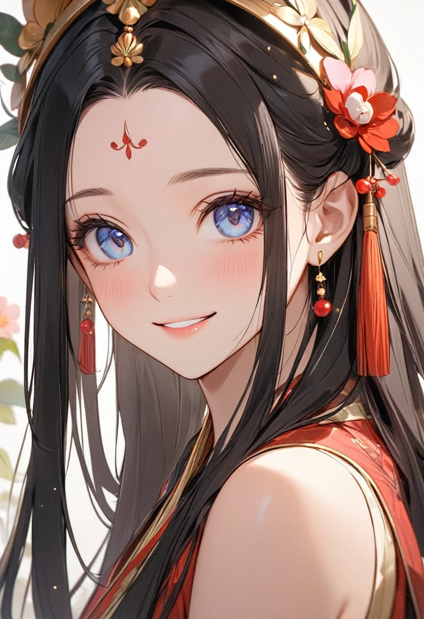 ( best quality:1.2), 1 Girl only, forehead,Solitary, Skin details, Beautiful facial features, fluffy dark long hair,Exquisite makeup, Exquisite eyes, Eye detail,she is 20 years old,(((big smiling))),Karuta