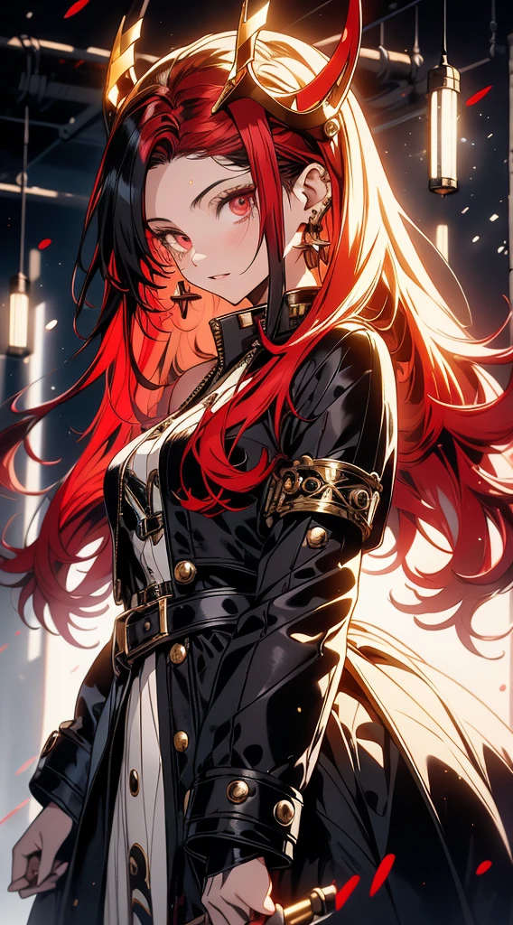 Red-haired singer Uta from anime One Piece. She has long red and white double-colored hair, and the hairstyle is futuristic and dynamic, with two strands of hair at the top of her head forming a ring-shaped hair bundle. The hair color is assigned as red on the left and white on the right, creating a sharp contrast. She wears tech-rich headphones with a gold body and a blue-and-white striped earmuff with a metallic texture, a unique and modern design. She has big eyes, thick eyelashes, small nose and lips, soft facial lines, delicate facial features, smooth and delicate skin, showing an idealized beauty. She was wearing a jk suit, shiny material, shimmering effect, black stockings, round earrings. The lighting effect is very realistic. The light source comes from the front left, illuminating the character's face, chest and right arm, creating soft shadows. The black tight-fitting dress has a noticeable glossy effect. The highlights of the hair and the metal part of the headset highlight the realism of the material. The binary light and shadow effect in the picture illuminates one side of the character's face and leaves the other side in the shadow, increasing the three-dimensional sense and visual impact. Tone aspects, mainly black, red and white, forming a strong contrast. The background tone is soft and slightly gray, making the foreground role more prominent. Background virtual, SLR effect. The overall style is 3D animation, the painting style is exquisite, the light and shadow effect is realistic, the color is bright, and it has the feeling of photo shooting., full body, film lighting