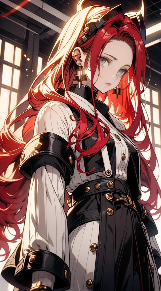 Red-haired singer Uta from anime One Piece. She has long red and white double-colored hair, and the hairstyle is futuristic and dynamic, with two strands of hair at the top of her head forming a ring-shaped hair bundle. The hair color is assigned as red on the left and white on the right, creating a sharp contrast. She wears tech-rich headphones with a gold body and a blue-and-white striped earmuff with a metallic texture, a unique and modern design. She has big eyes, thick eyelashes, small nose and lips, soft facial lines, delicate facial features, smooth and delicate skin, showing an idealized beauty. She was wearing a jk suit, shiny material, shimmering effect, black stockings, round earrings. The lighting effect is very realistic. The light source comes from the front left, illuminating the character's face, chest and right arm, creating soft shadows. The black tight-fitting dress has a noticeable glossy effect. The highlights of the hair and the metal part of the headset highlight the realism of the material. The binary light and shadow effect in the picture illuminates one side of the character's face and leaves the other side in the shadow, increasing the three-dimensional sense and visual impact. Tone aspects, mainly black, red and white, forming a strong contrast. The background tone is soft and slightly gray, making the foreground role more prominent. Background virtual, SLR effect. The overall style is 3D animation, the painting style is exquisite, the light and shadow effect is realistic, the color is bright, and it has the feeling of photo shooting., full body, film lighting