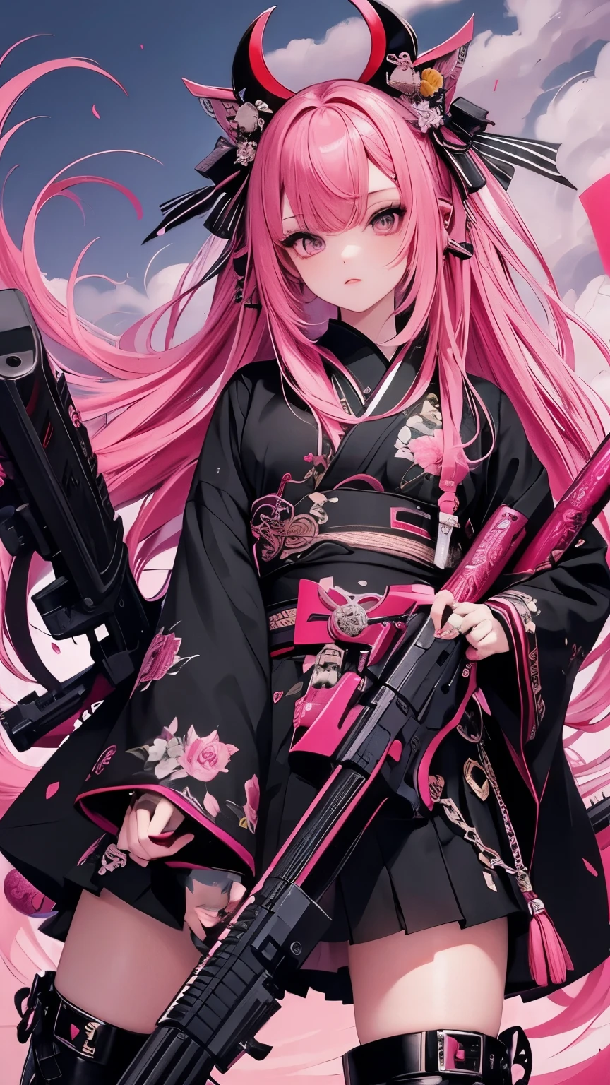 (masterpiece), Highest quality, Ultra-high resolution,Devil with a black ribbon、Pink Hair、Deep pink eyes、Black clothing、kimono、punk、Confident expression、Black boots、Oiran、Wind、cyber-、(gun:1.3)
