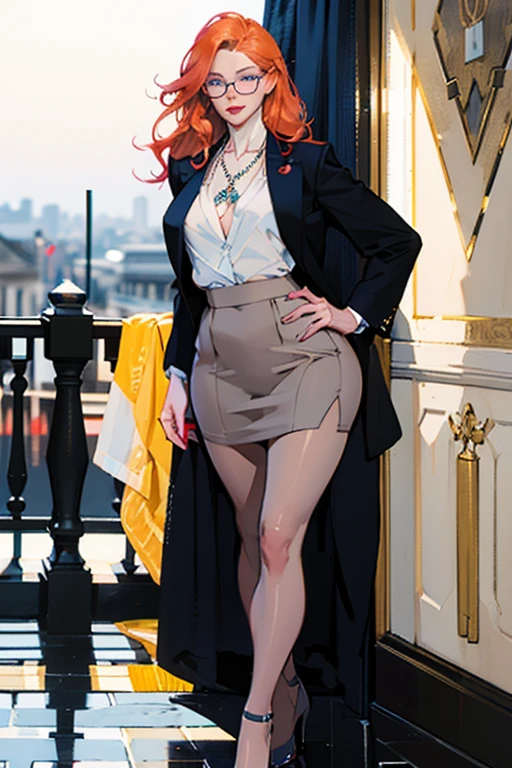 (sexy, confident),Walking city sidewalk, on her way to work.(rule of thirds),((ultra realistic illustration:1.2)), Tall, slender ((redhead)) woman of Irish descent. (pale:1.3)complexion. blue eyes, cute butt, nice legs. Kind eyes, cute smile. Eyeglasses, Mascara, eye shadow, blush, necklace, gray blazer and pencil skirt, blouse, (tan color RealPantyhose:1), stiletto heels. in bedroom. Masterpiece, (highly detailed:1.2),(detailed face and eyes:1.2), 8k wallpaper, natural lighting. core shadows, high contrast, bokeh.