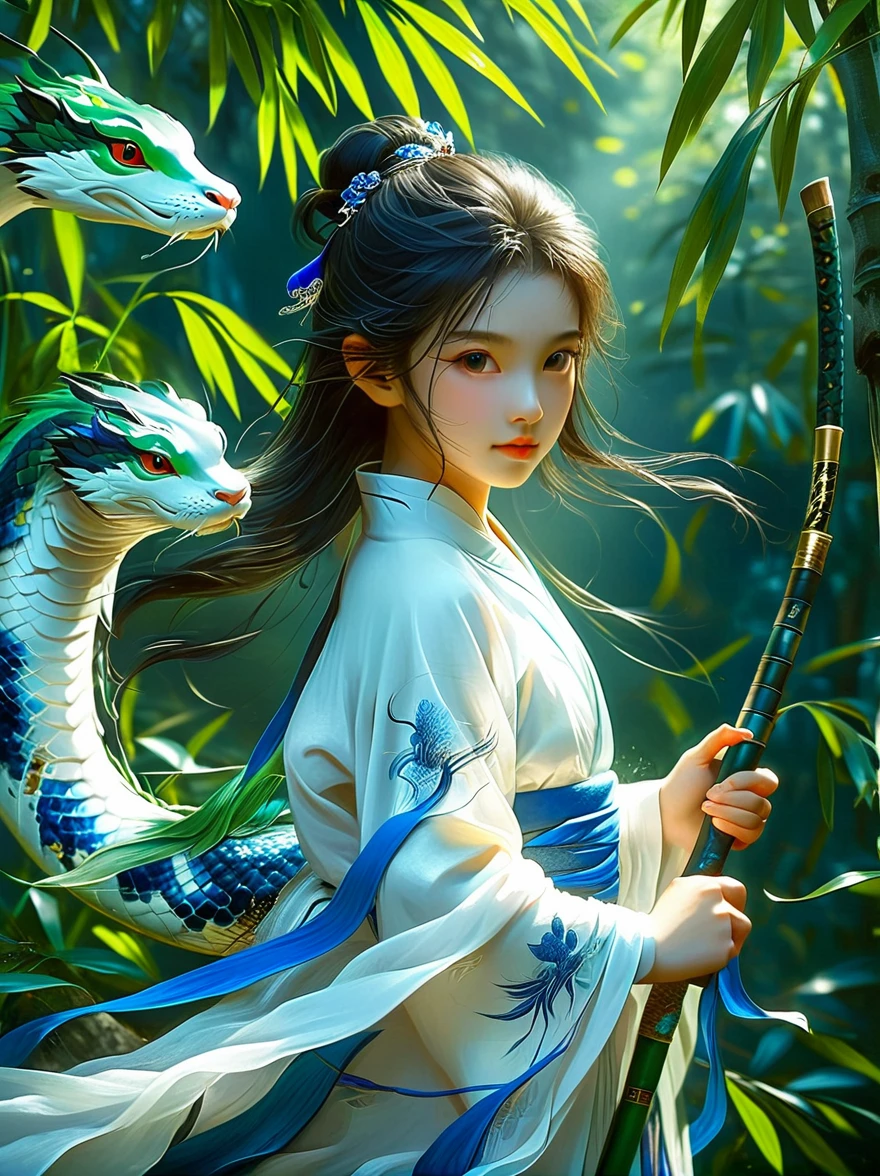 A charming scene is presented in front of you: a  girl wearing a blue and white outfit, holding a long sword, and behind her is a dense bamboo forest. Around her, an elegant green snake spiraled up, as if displaying a mysterious power. This work is full of inspiration from the story of the White Snake in China. Through meticulous painting and realistic details, it makes people feel like they are in an ancient and mysterious world