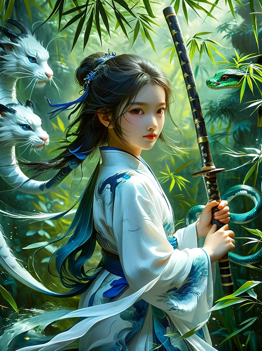 A charming scene is presented in front of you: a  girl wearing a blue and white outfit, holding a long sword, and behind her is a dense bamboo forest. Around her, an elegant green snake spiraled up, as if displaying a mysterious power. This work is full of inspiration from the story of the White Snake in China. Through meticulous painting and realistic details, it makes people feel like they are in an ancient and mysterious world