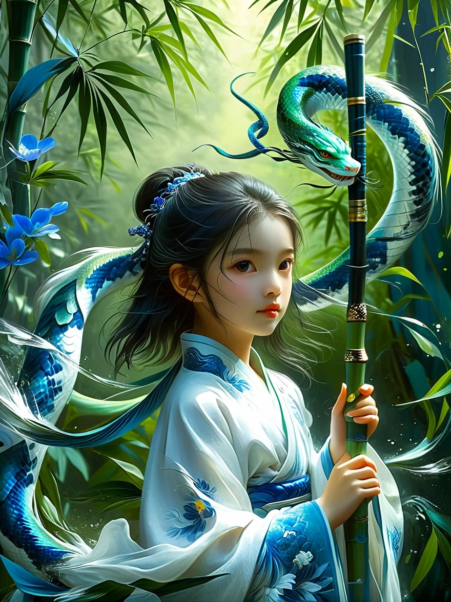 A charming scene is presented in front of you: a  girl wearing a blue and white outfit, holding a long sword, and behind her is a dense bamboo forest. Around her, an elegant green snake spiraled up, as if displaying a mysterious power. This work is full of inspiration from the story of the White Snake in China. Through meticulous painting and realistic details, it makes people feel like they are in an ancient and mysterious world