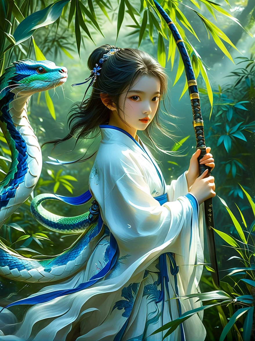 A charming scene is presented in front of you: a  girl wearing a blue and white outfit, holding a long sword, and behind her is a dense bamboo forest. Around her, an elegant green snake spiraled up, as if displaying a mysterious power. This work is full of inspiration from the story of the White Snake in China. Through meticulous painting and realistic details, it makes people feel like they are in an ancient and mysterious world