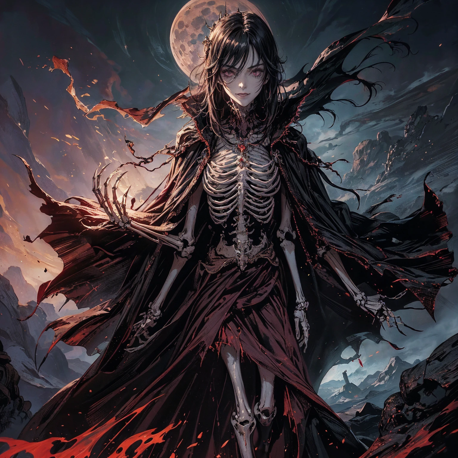 best quality, 4K, high resolution, masterpiece, Very detailed, Mood lighting, A black hair undead girl in a long cape, Whole body including hands & arms & legs & feet are all skeleton bones but except the head is still beautiful human face, Wearing a ragged gothic skirt, casting dark magic spells, skulls and ghosts flying around, Aloofness emotion, Dangerous sneer, Beautiful but cruel smile, Standing, Facing the camera, Crucified, Pitch black sky, Blood-red moon, strange atmosphere, Gothic style, Unforgettable beauty, Dramatic shadows, Ethereal Light, Mysterious atmosphere