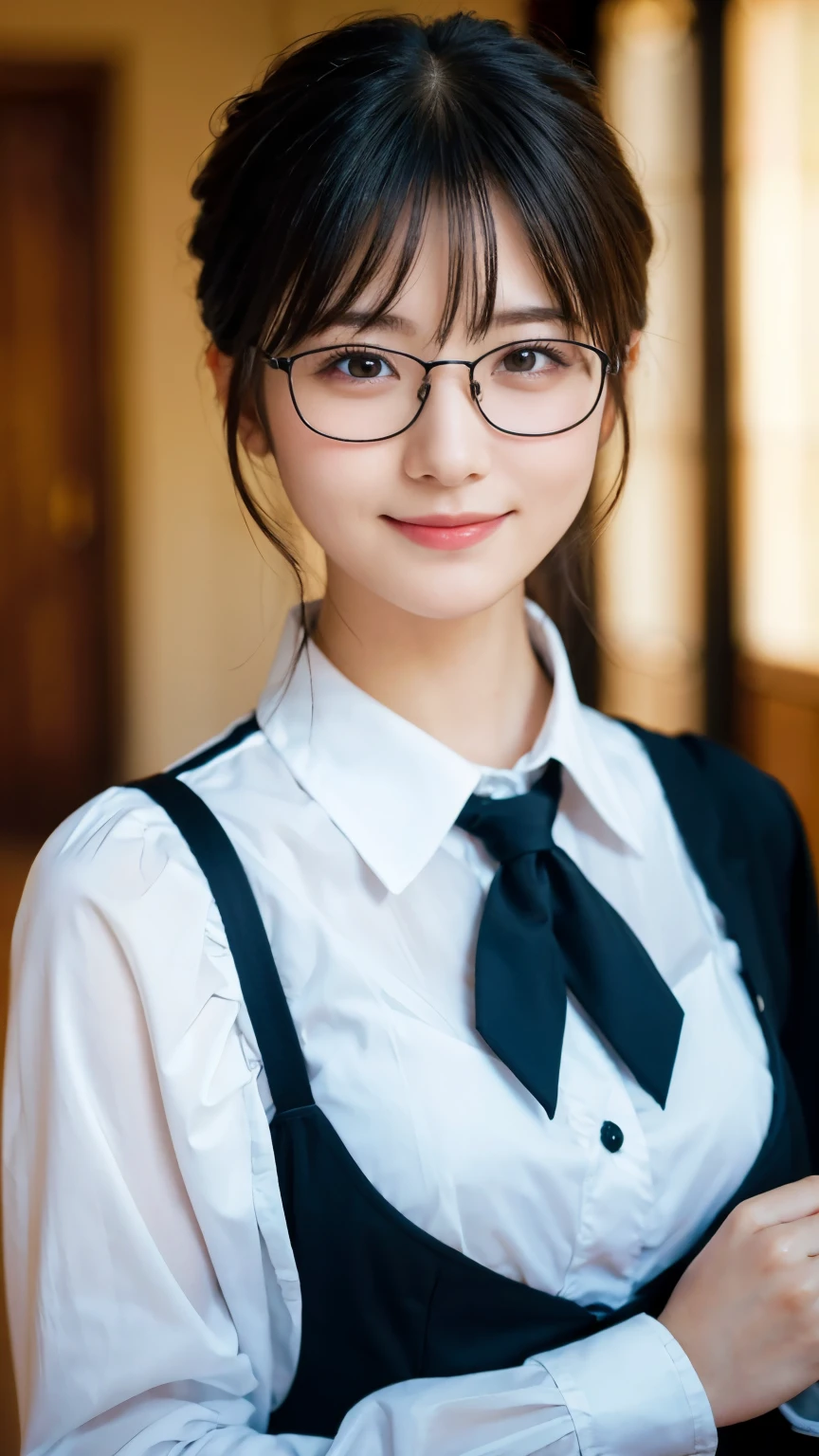 (Highest quality,masterpiece:1.3,Ultra-high resolution),(Very detailed,Caustics,8k),(Realistic:1.4,RAW shooting),A girl dressed as a butler,Japanese,boyish,smile,20-year-old,Short black hair,Glasses,Looking into the camera,Inside the Western-style building,Waist up shot,front,Face Focus,Face close-up,(Warm Light),Professional Writing