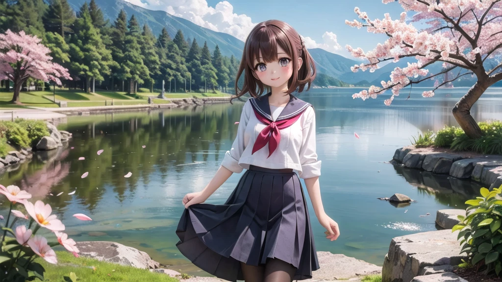 (masterpiece),  Outdoor,  cherry blossoms,  petal,  sunlight,  lake,  One Girl,  blush,  smile,  Medium Hair,  Sailor suit,Long skirt, Overgrown, petal, plant、Skirt lining、White slip、nostalgic、pantyhose（gray）、You can see the sea in the distance, Crotch close-up