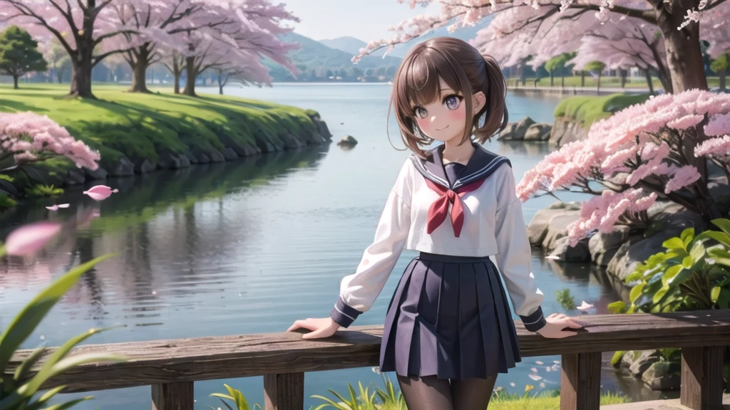 (masterpiece),  Outdoor,  cherry blossoms,  petal,  sunlight,  lake,  One Girl,  blush,  smile,  Medium Hair,  Sailor suit,Long skirt, Overgrown, petal, plant、Skirt lining、White slip、nostalgic、pantyhose（gray）、You can see the sea in the distance, Crotch close-up