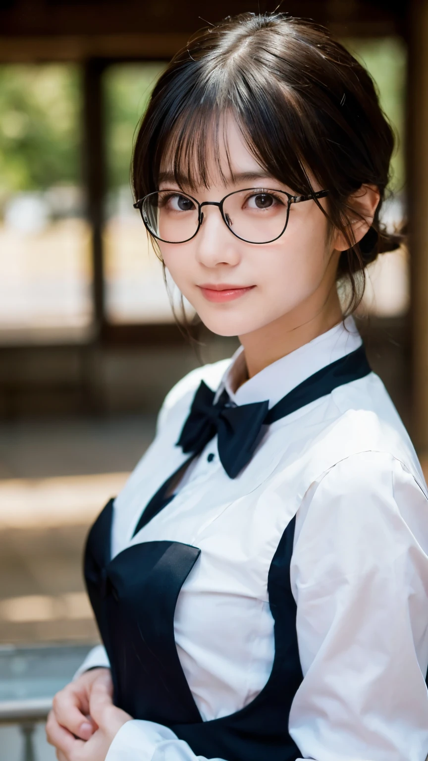 (Highest quality,masterpiece:1.3,Ultra-high resolution),(Very detailed,Caustics,8k),(Realistic:1.4,RAW shooting),A girl dressed as a butler,Japanese,boyish,smile,20-year-old,Short black hair,Glasses,Looking into the camera,Inside the Western-style building,Waist up shot,front,Face Focus,Face close-up,(Warm Light),Professional Writing
